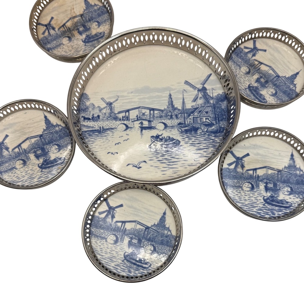 Vtg STERNAUWARE NEW YORK 6 Pc Coaster Set DELFT Blue Windmill Tray Metal Holders - Picture 3 of 11